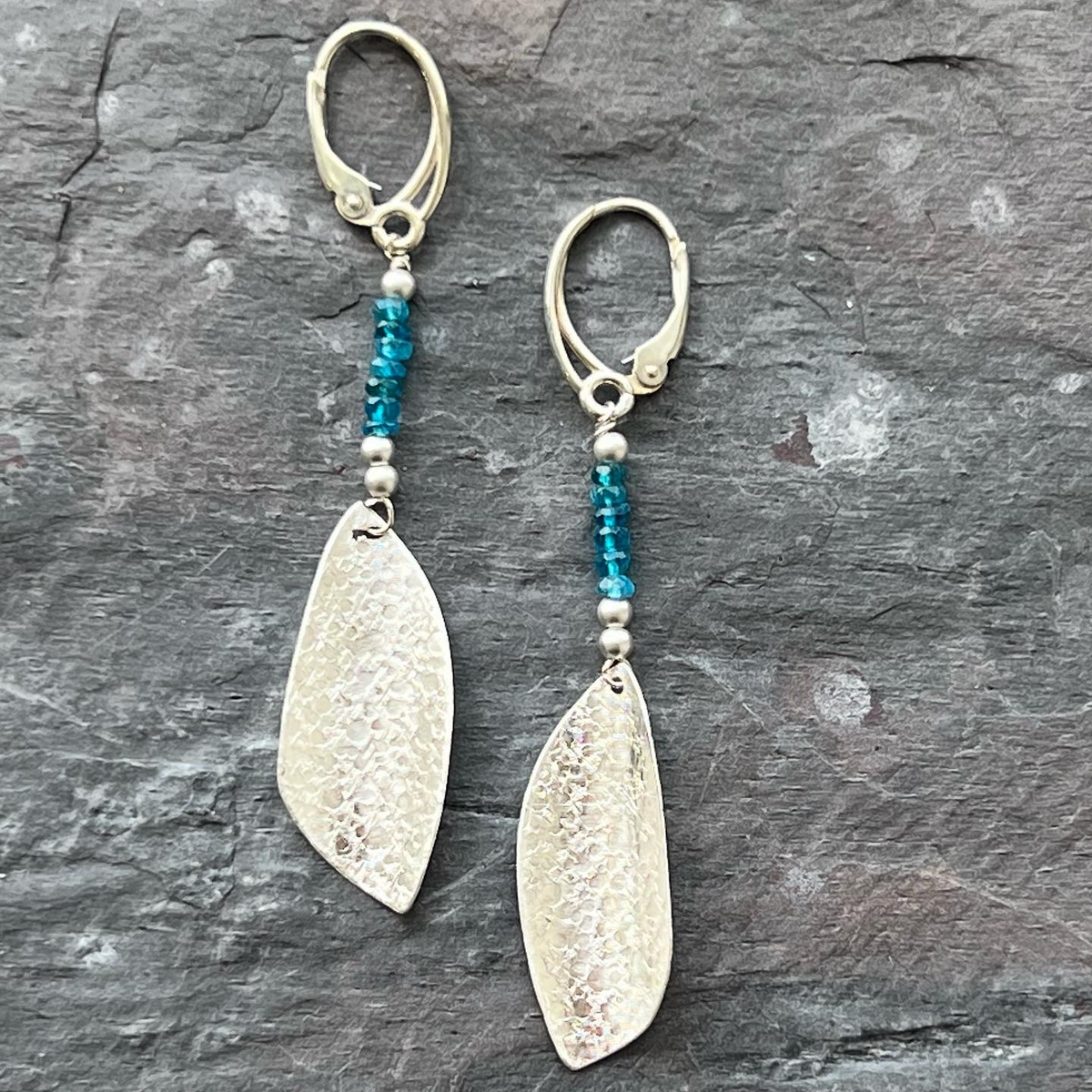 Handmade textured sterling silver and apatite earrings by Garden of Silver in Westhampton Beach, NY. www.gardenofsilver.com