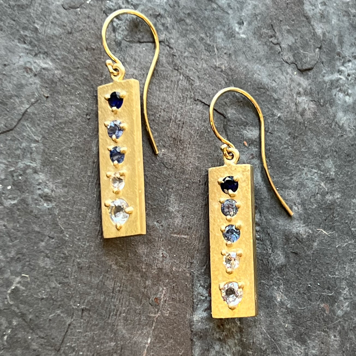 Gold Earrings Gradated Colored Sapphires by Jane Bartel at Garden of Silver & Gold. www.gardenofsilver.com
