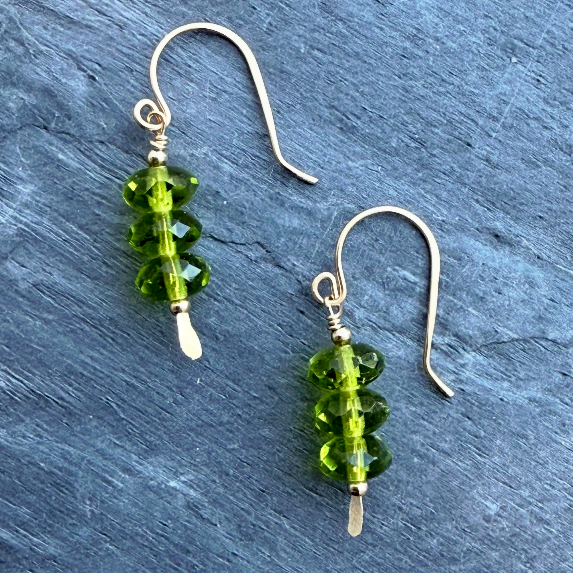 Peridot Triple Stone Earrings in 14K Gold by Garden of Silver