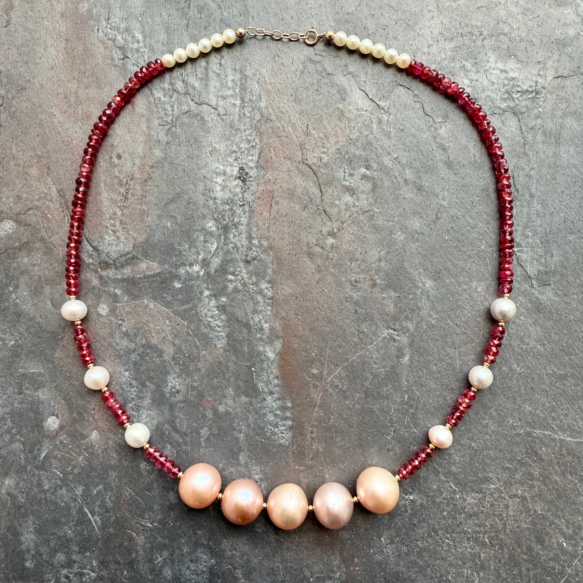 Pink Pearl & Spinel Necklace in 14K Gold by Garden of Silver & Gold