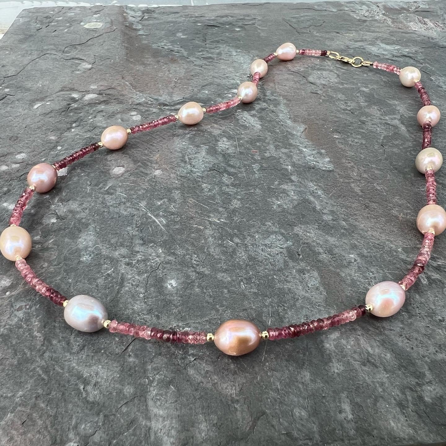 Pink Pearl & Tourmaline Gold Necklace