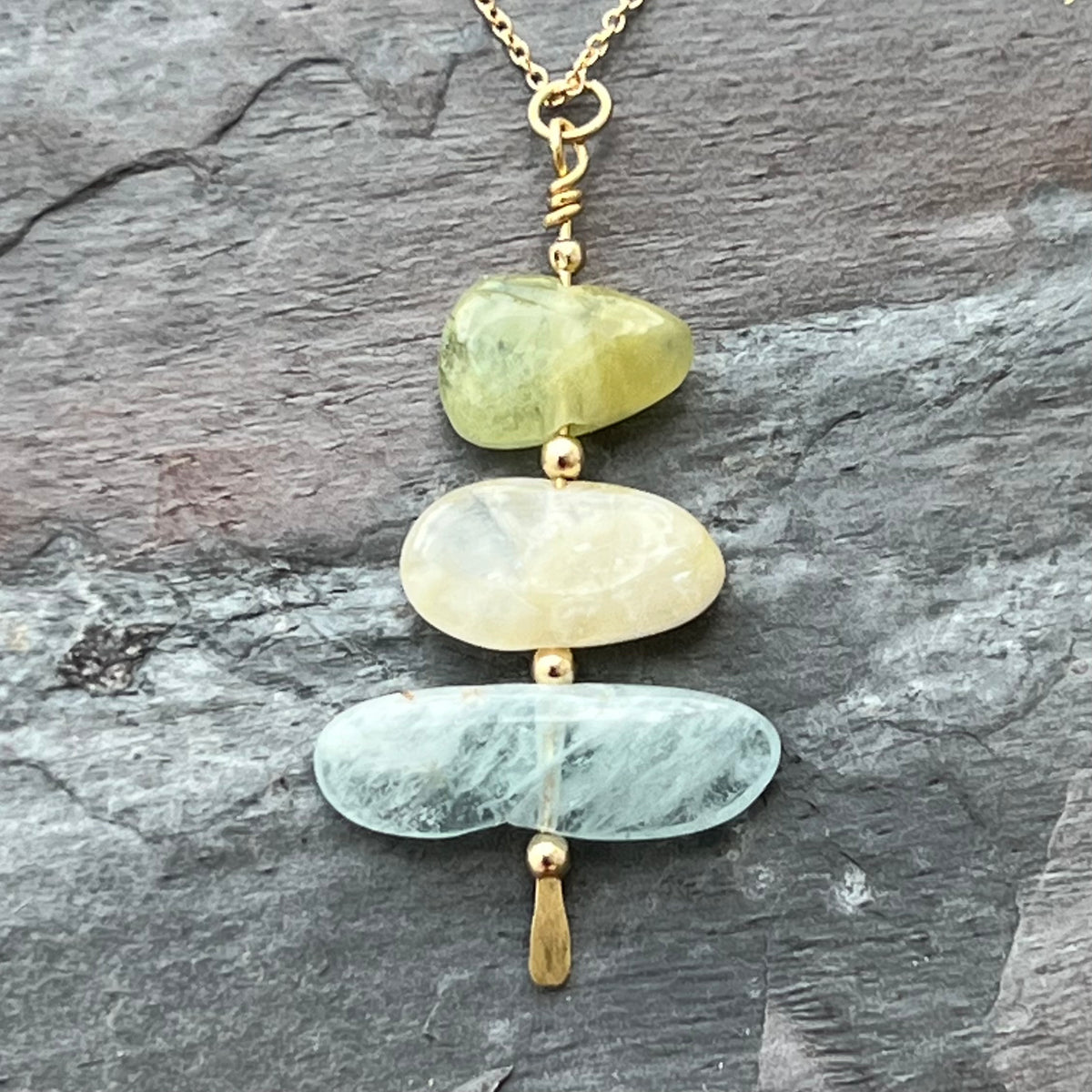 Aquamarine Cairn 14K Gold Necklace handmade by Garden of Silver.