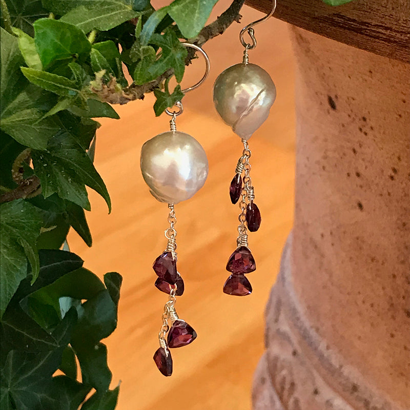 Baroque Garnet Earrings handmade by Garden of Silver in Westhampton Beach, New York.