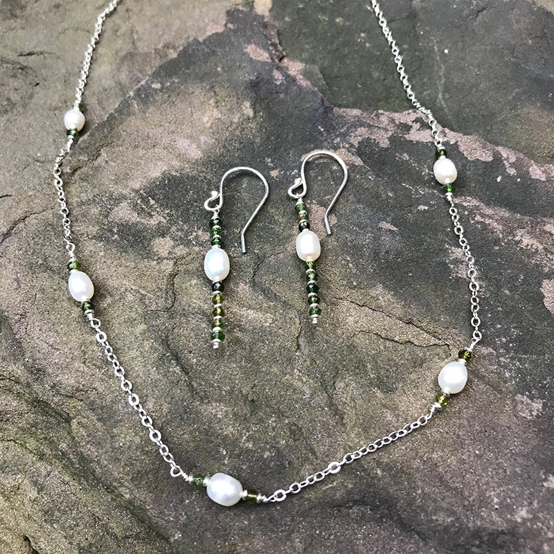 Tourmaline Luster Earrings and Necklace handmade in pearls and green tourmaline gemstones by Garden of Silver.