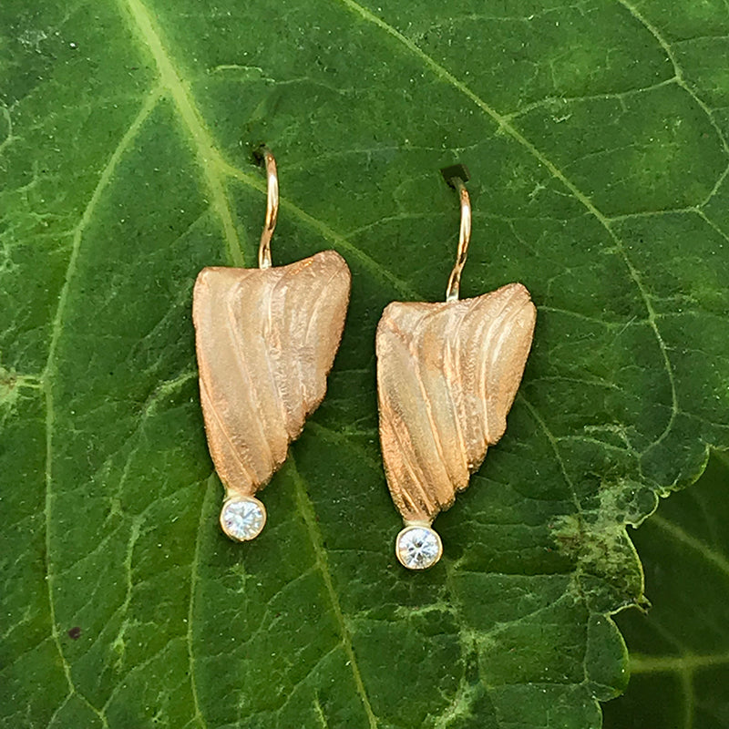 Gold Shell earrings with moissanites by Jeanette Walker at Garden of Silver in Westhampton Beach, Hamptons, Long Island, New York