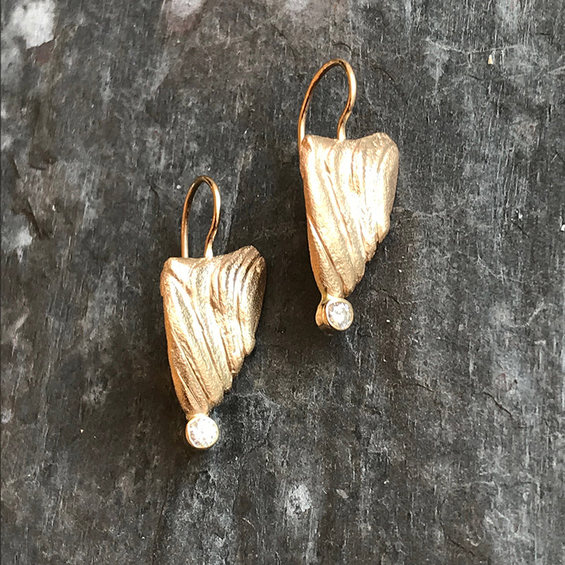 Gold Shell earrings with moissanites by Jeanette Walker at Garden of Silver in Westhampton Beach, Hamptons, Long Island, New York