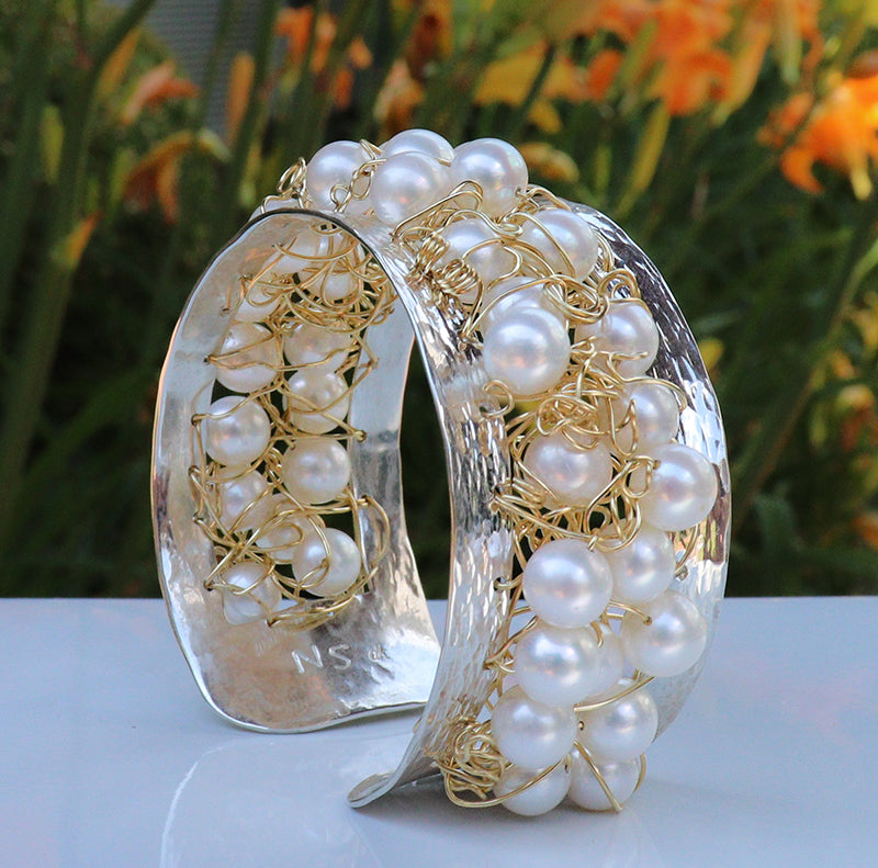 Nikki Sedacca gold, pearl and sterling bracelet at Garden of Silver in Westhampton Beach, New York.