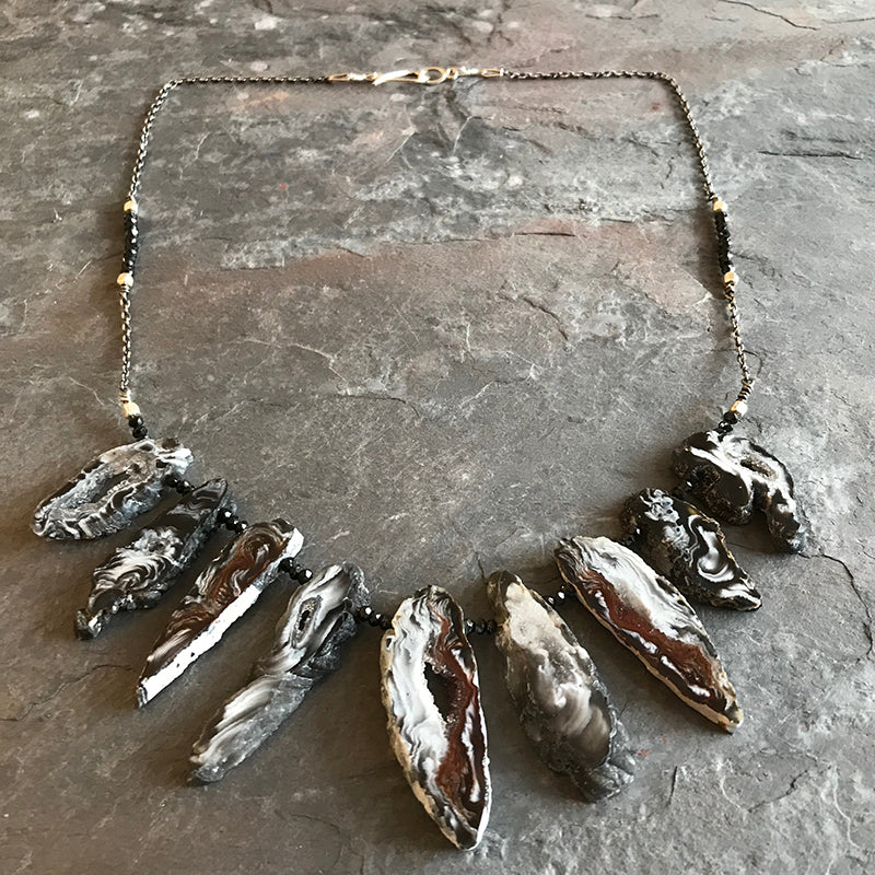 Terra Necklace handmade by Garden of Silver with geodes and sterling silver.