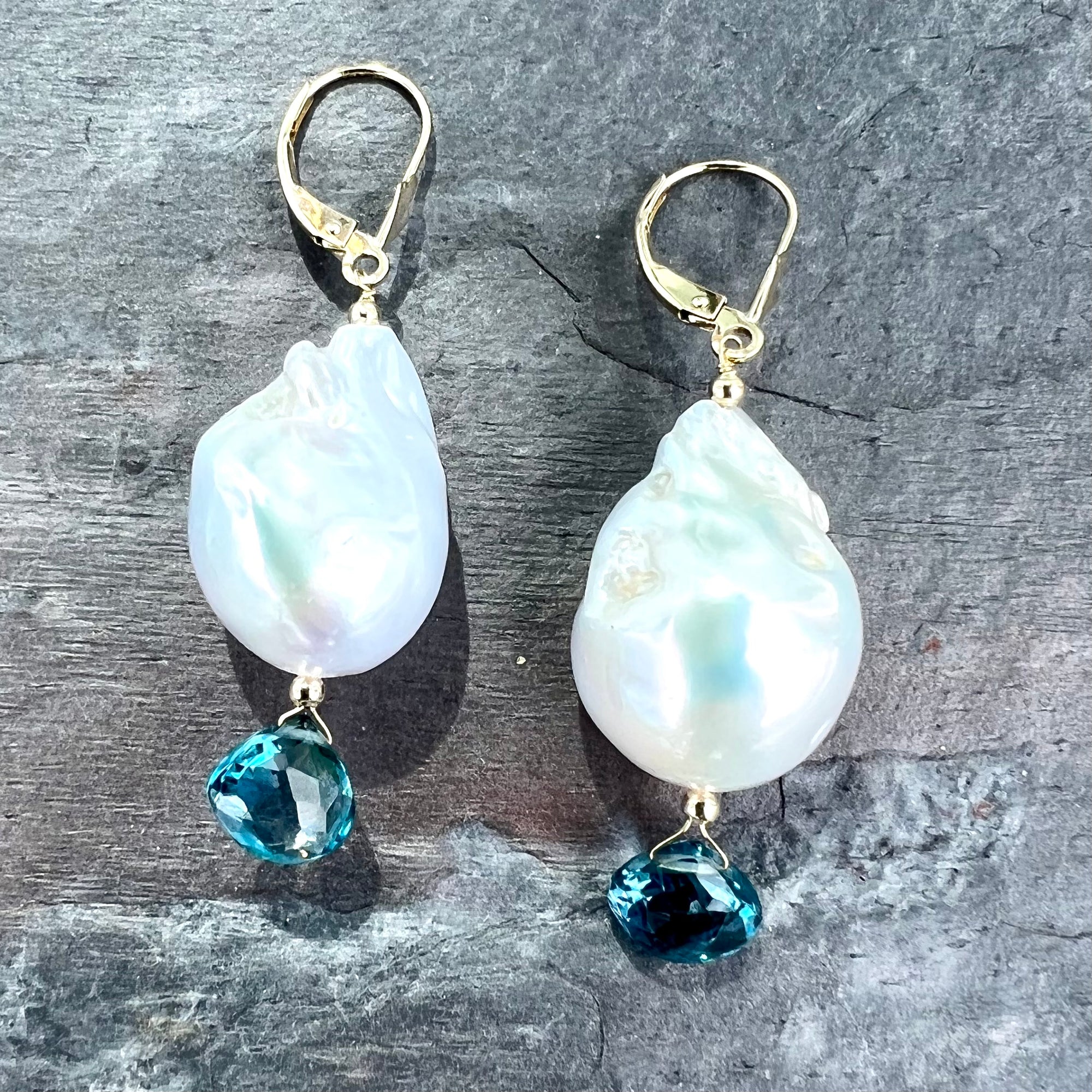 Baroque Pearl & London Blue Topaz Gold Earrings