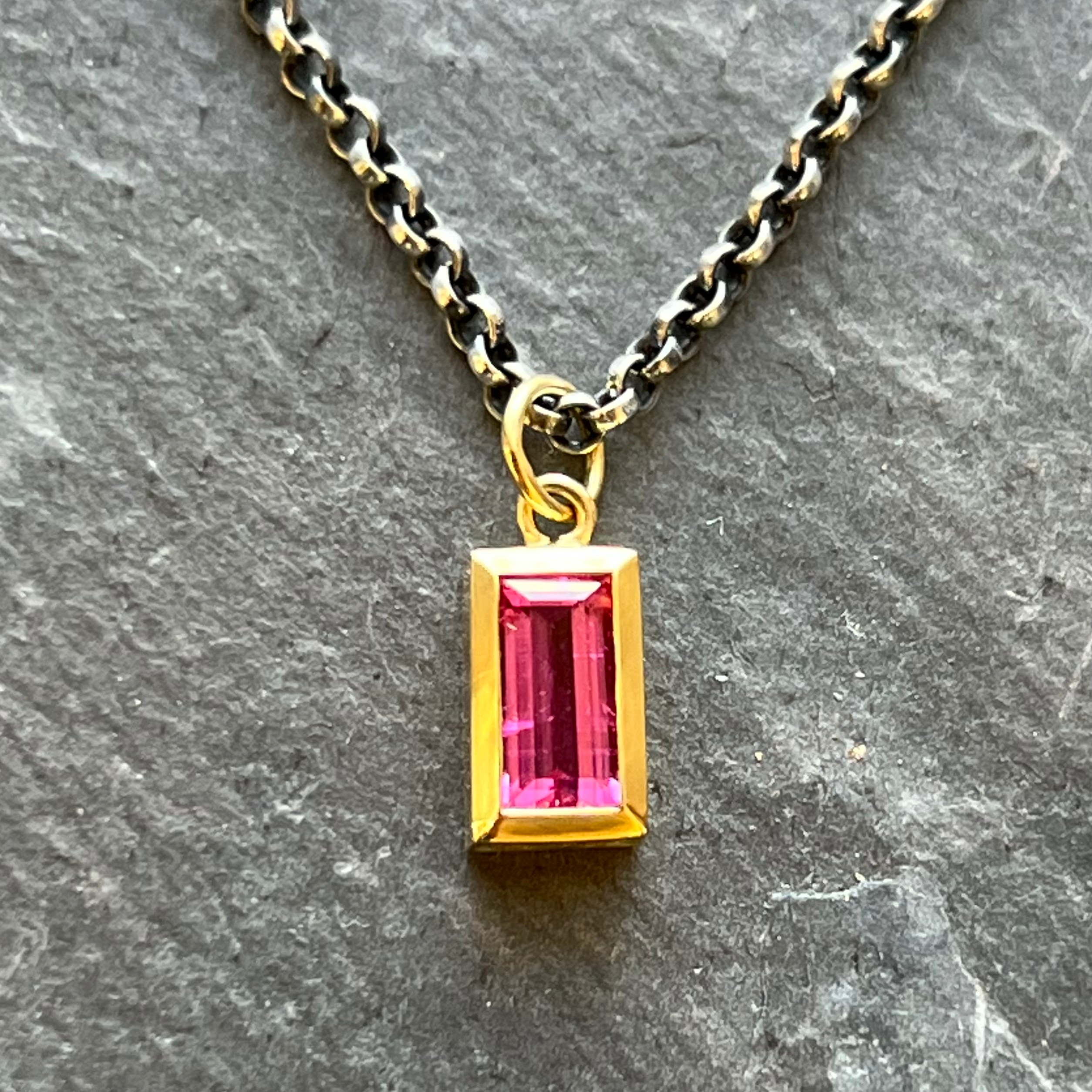 18K Gold Bezel Set 4x8 Pink Tourmaline by Jane Bartel at Garden of Silver & Gold www.gardenofsilver.com