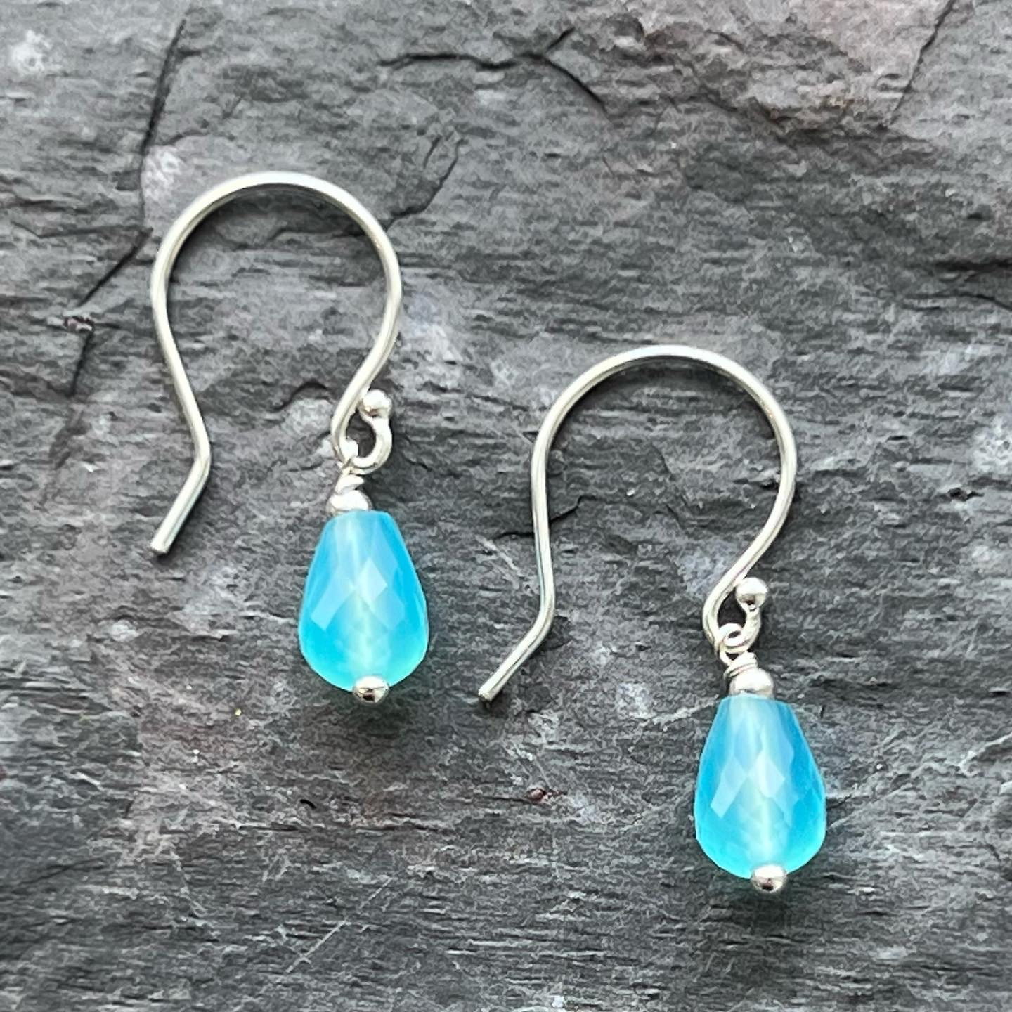 Santorini Blue Chalcedony Sterling earrings at Garden of Silver in Westhampton Beach, NY