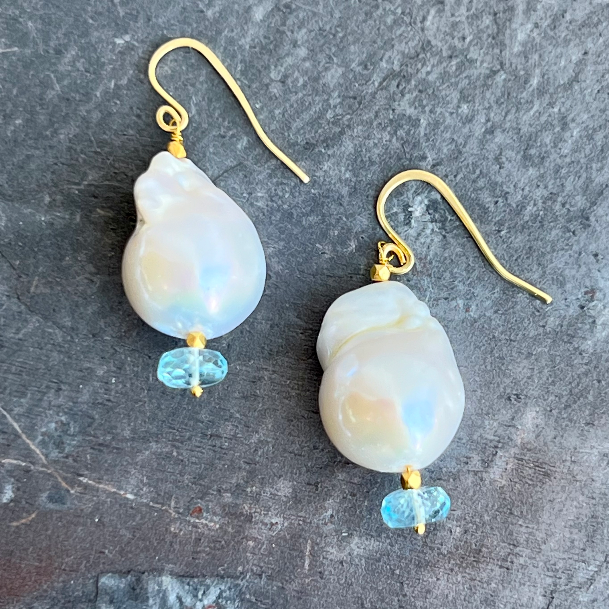 Baroque Pearls Blue Topaz 14K gold earrings by Garden of Silver & Gold