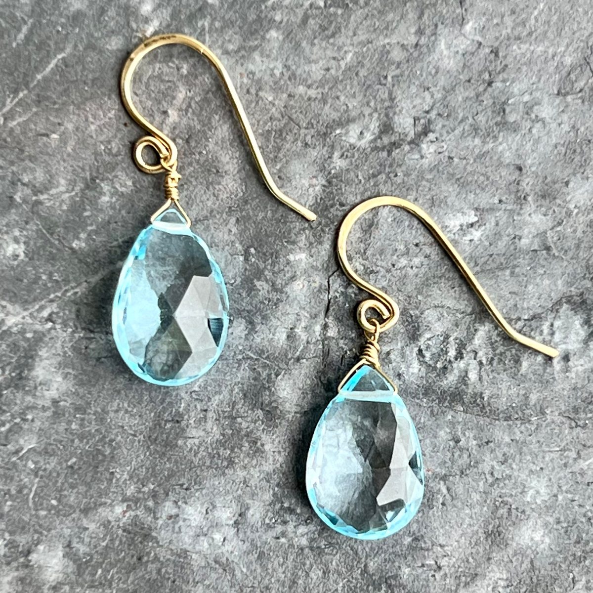 Blue Topaz Raindrops Gold Earrings at www.gardenofsilver.com