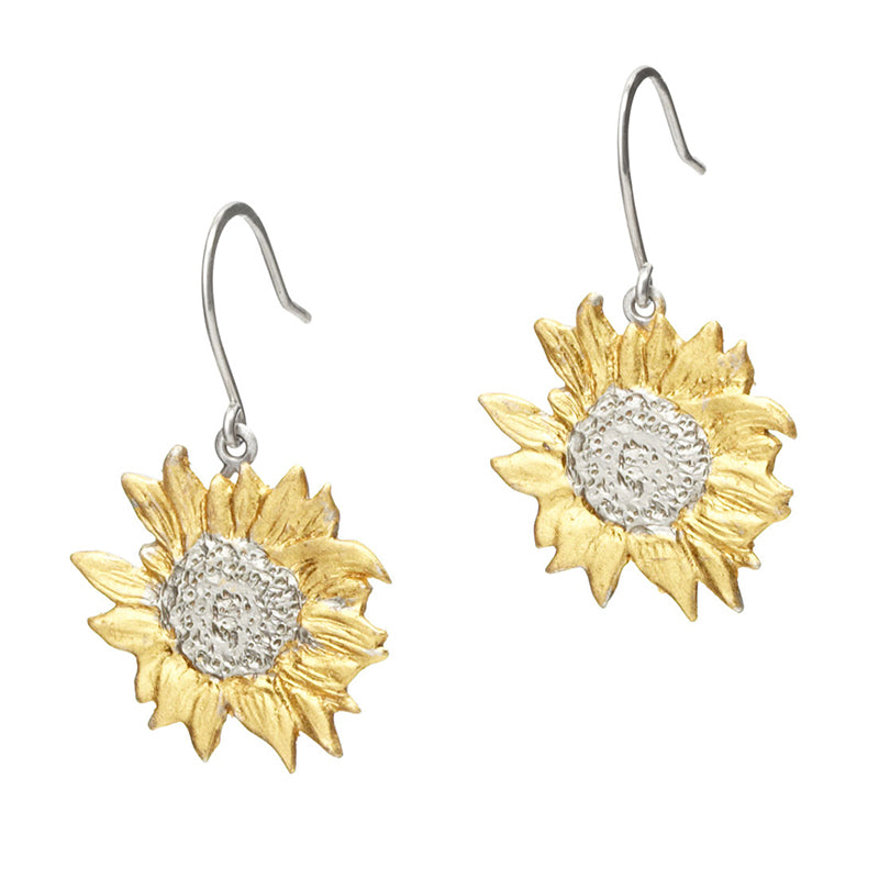 Tiny Golden Sunflower Earrings handmade by Garden of Silver in Westhampton Beach, Hamptons, New York.