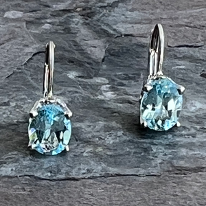 Blue topaz gemstone earrings in 14K white gold at Garden of Silver in Westhampton Beach, NY.