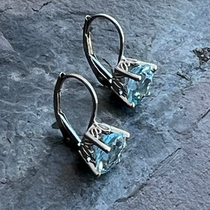 Blue topaz gemstone earrings in 14K white gold at Garden of Silver in Westhampton Beach, NY.