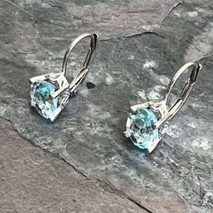 Blue topaz gemstone earrings in 14K white gold at Garden of Silver in Westhampton Beach, NY.