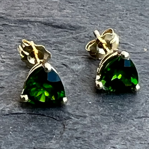Chrome diopside trillion gemstone studs in 14k gold at Garden of Silver in Westhampton Beach, NY.