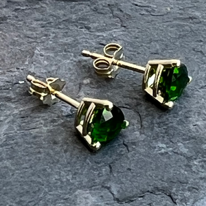 Chrome diopside trillion gemstone studs in 14k gold at Garden of Silver in Westhampton Beach, NY.