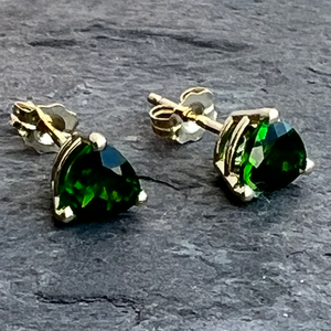 Chrome diopside trillion gemstone studs in 14k gold at Garden of Silver in Westhampton Beach, NY.