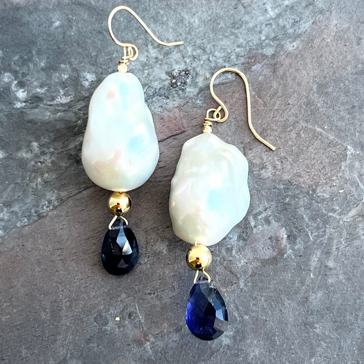 Iolite Baroque Pearl 14K Gold Earrings at Garden of Silver in Westhampton Beach. www.gardenofsilver.com