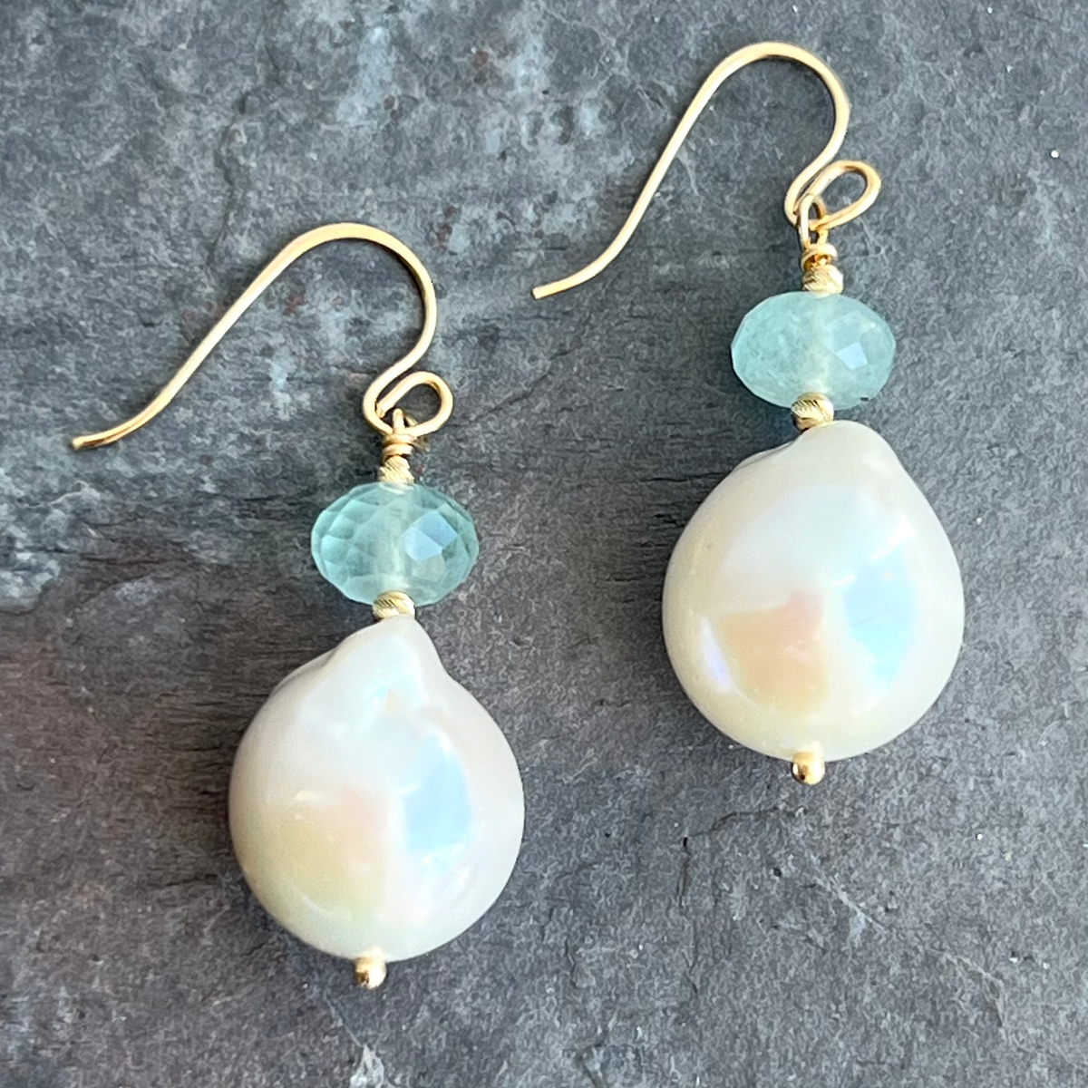 Baroque Pearls & Moss Aquamarine 14K Gold Earrings at Garden of Silver. www.gardenofsilver.com
