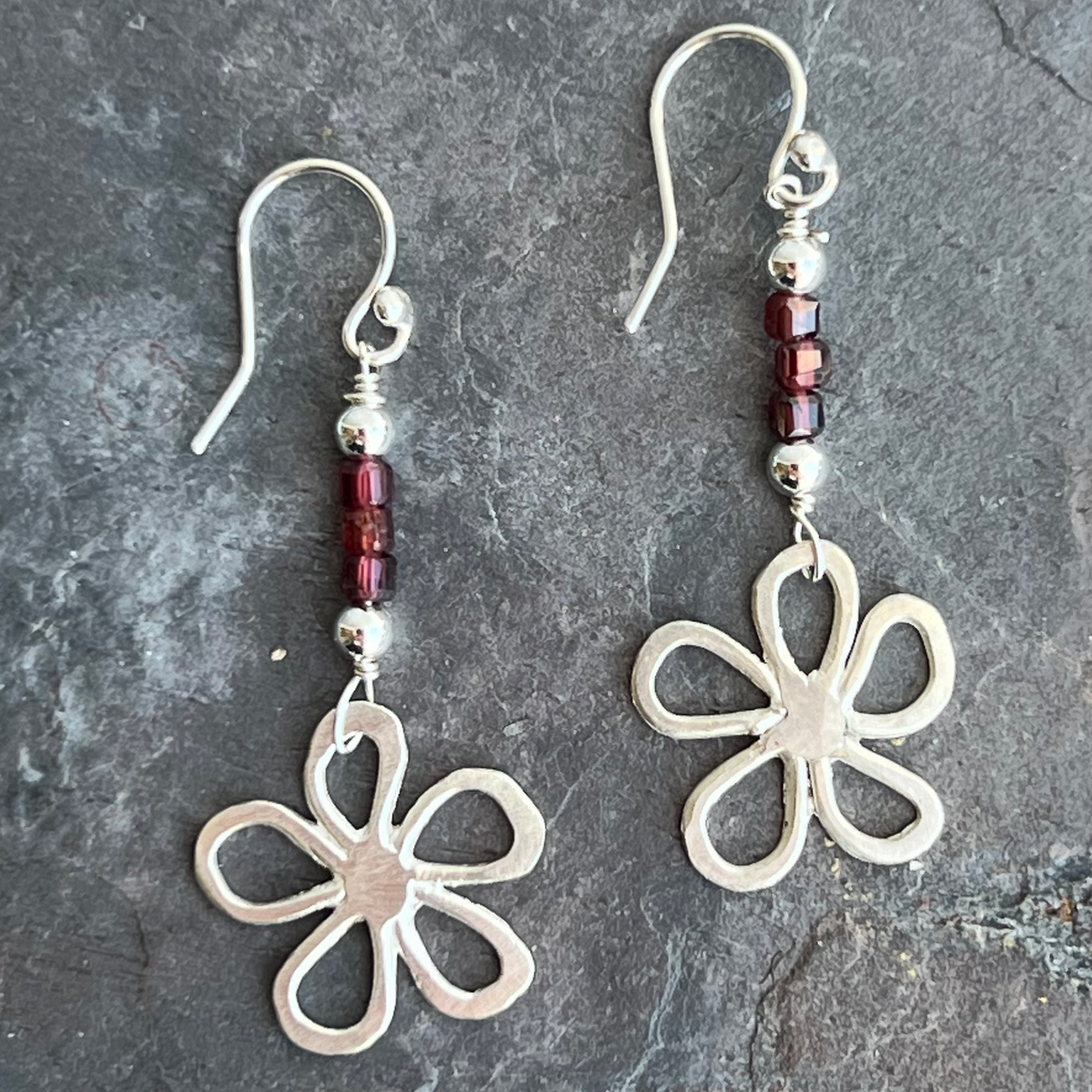 Garnet Daisy Sterling Earrings by Garden of Silver.