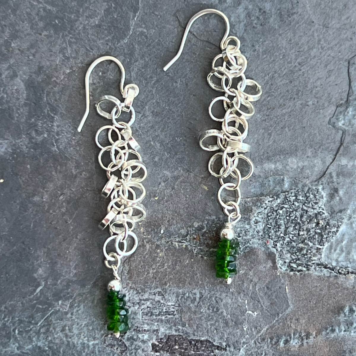 Tsavorite Green Garnet Sterling Seaweed Earrings at Garden of Silver.