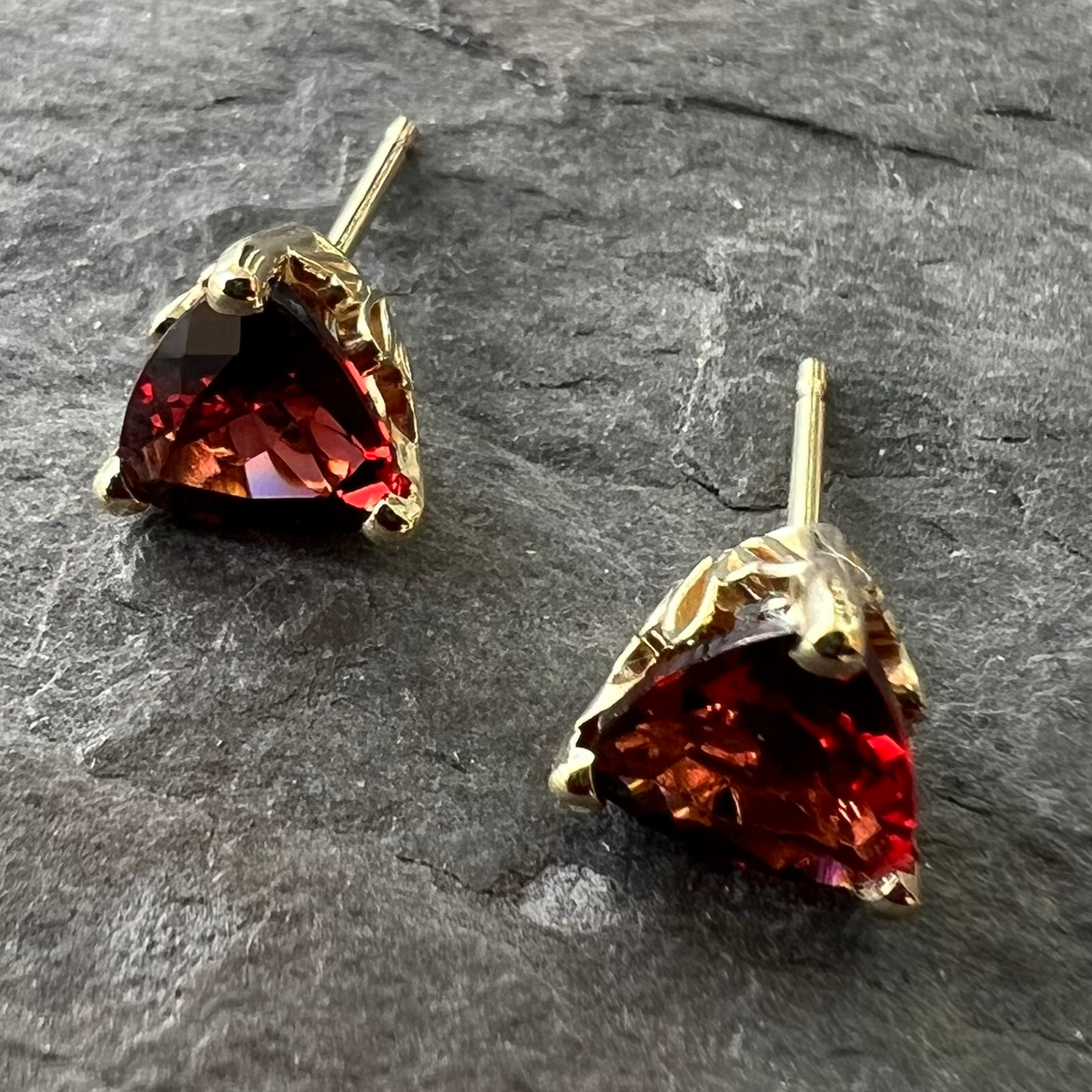 Mozambique Garnet 14K Gold Trillion Stud Earrings at www.gardenofsilver.com.