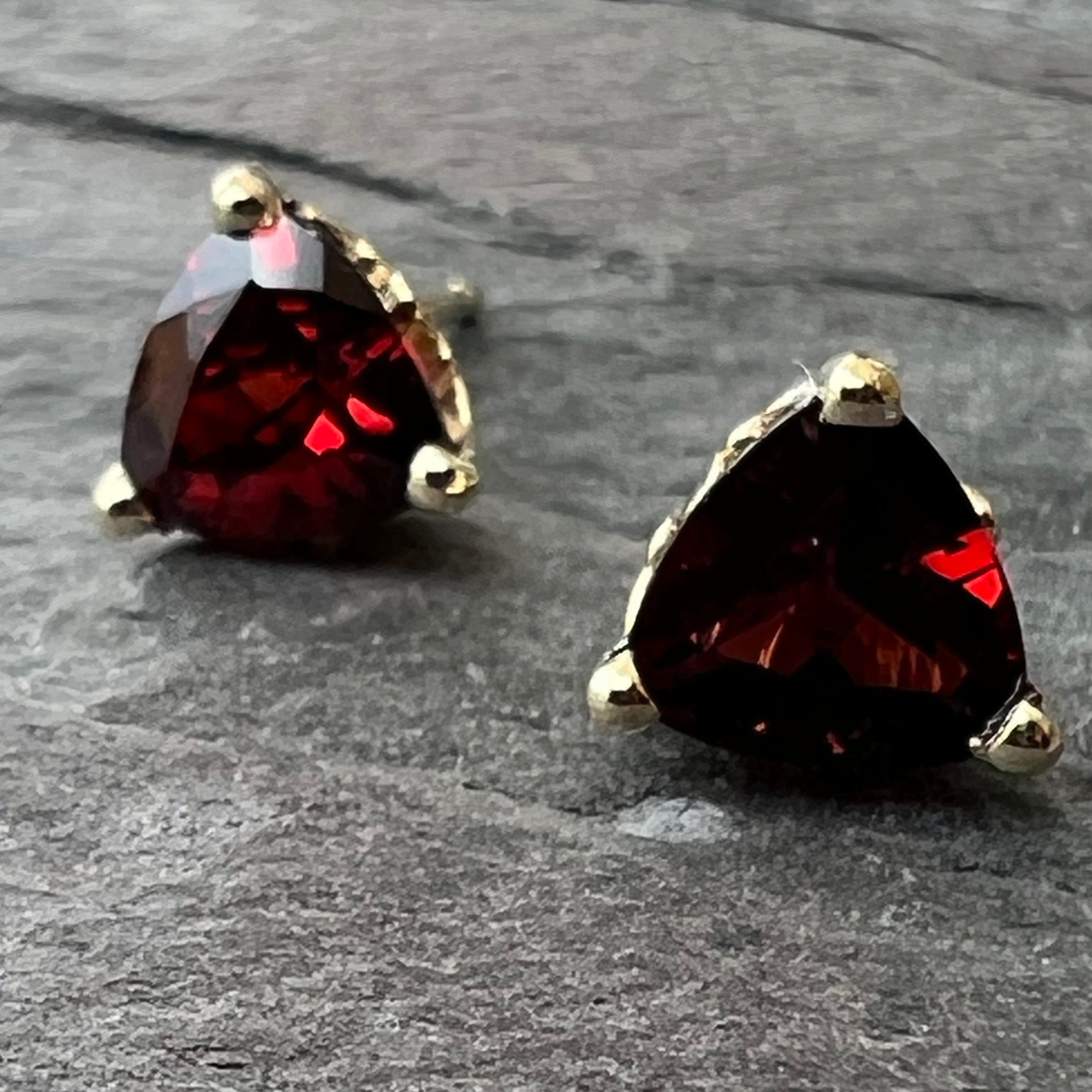 Mozambique Garnet 14K Gold Trillion Stud Earrings at www.gardenofsilver.com.