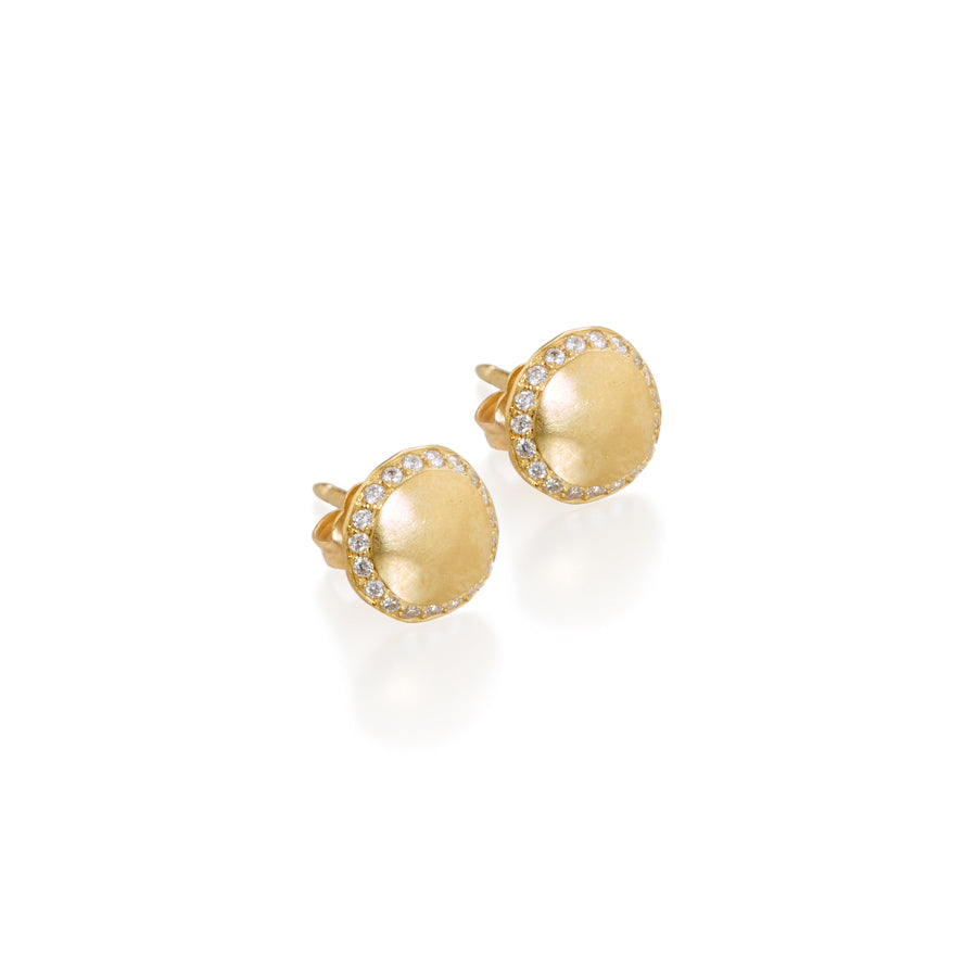 18k gold round beveled studs with small diamonds set all around the edges - satin finish at www.gardenofsilver.com