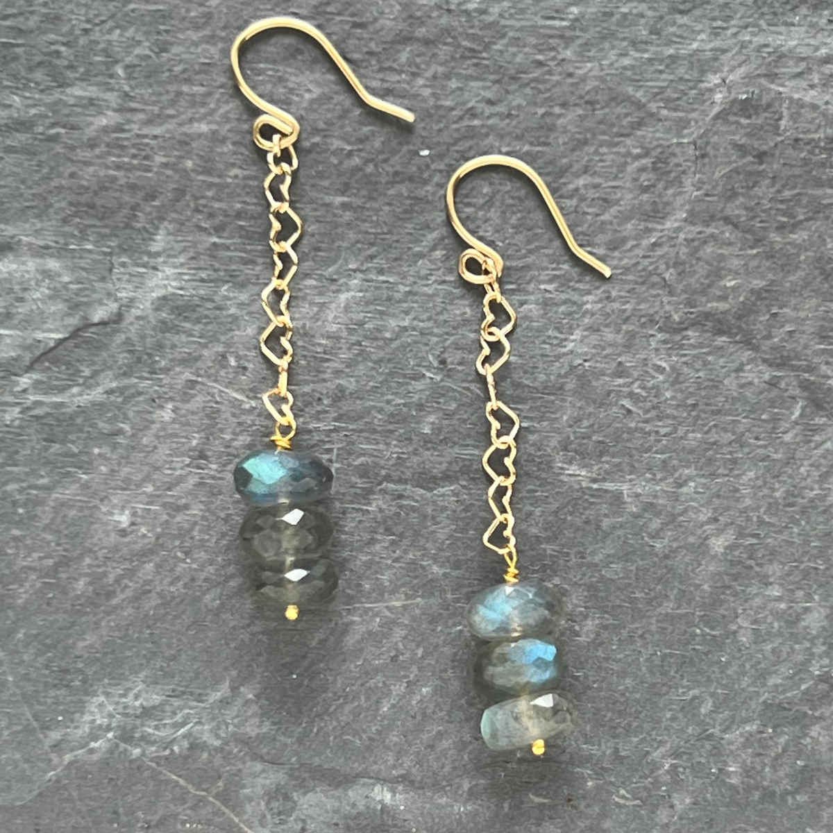 Labradorite 14K Gold Heart Chain Earrings By Garden of Silver & Gold