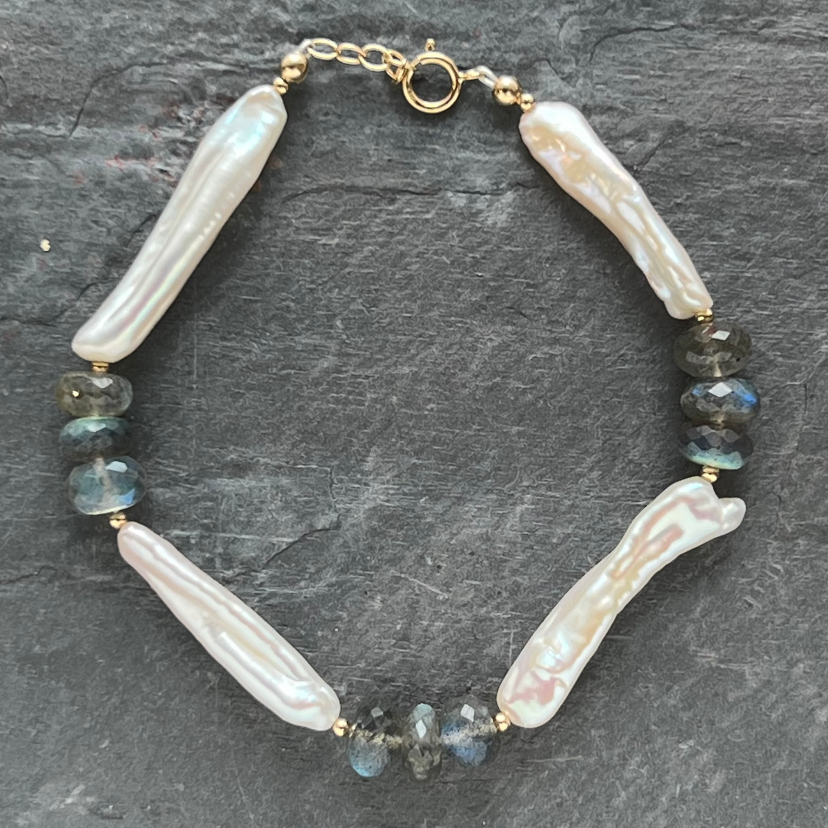 Labradorite Biwa Pearl Bracelet Handmade and one of a kind by Garden of Silver & Gold