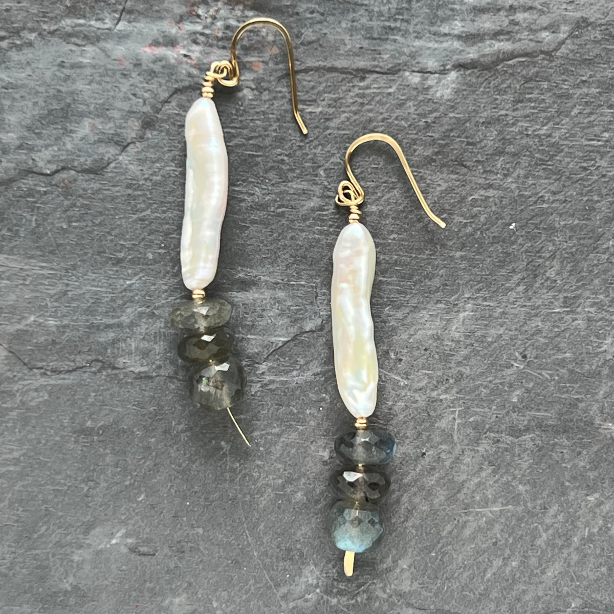 Labradorite Biwa Pearl Earrings Handmade and one of a kind by Garden of Silver & Gold