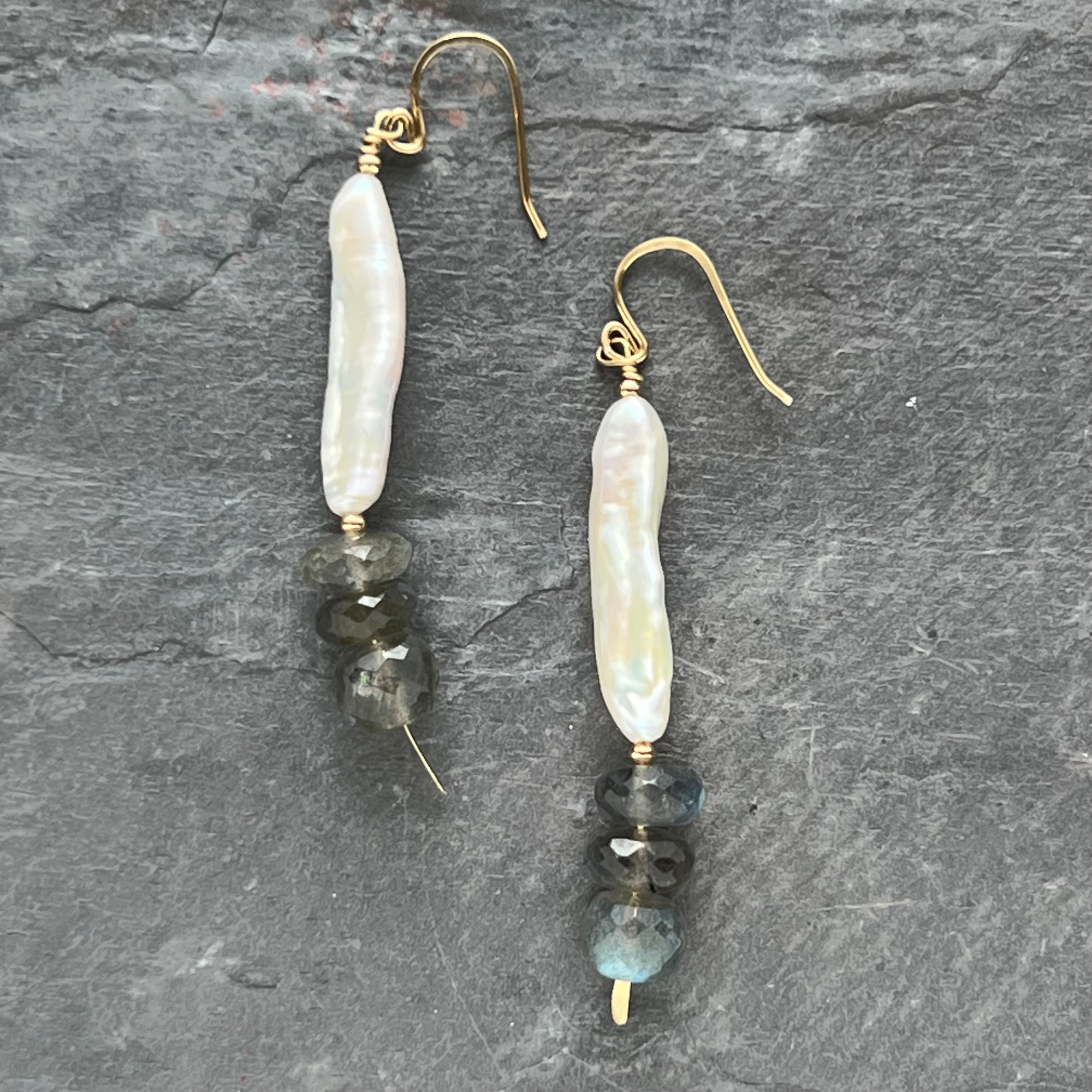 Labradorite Biwa Pearl Earrings Handmade and one of a kind by Garden of Silver & Gold