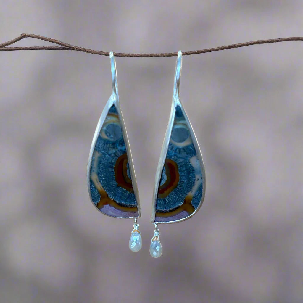 SS Petrified stone agate, & diamond Earrings by Kim Larsen*