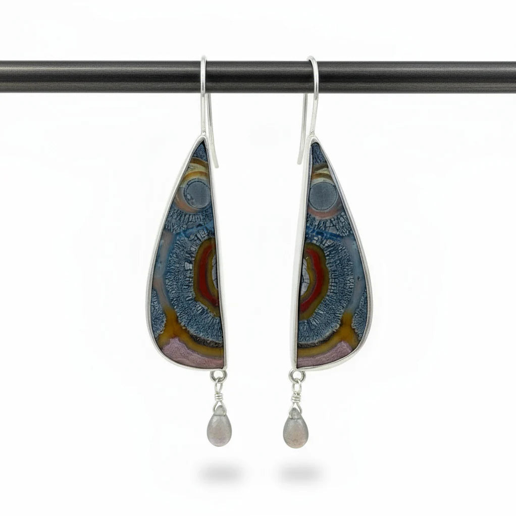 SS Petrified stone agate, & diamond Earrings by Kim Larsen*