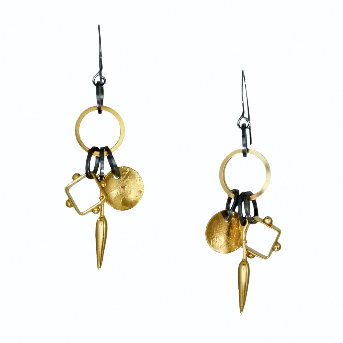 Triple Charm Mixed Metals earrings by Q Evon at Garden of Silver in Westhampton Beach, New York.