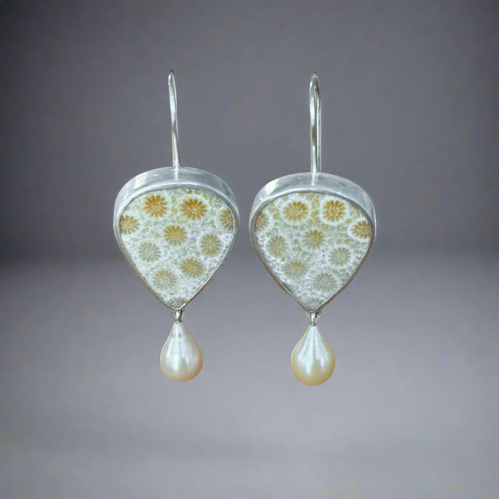 SS Yellow Fossilized Coral & Pearl Earrings by Kim Larsen