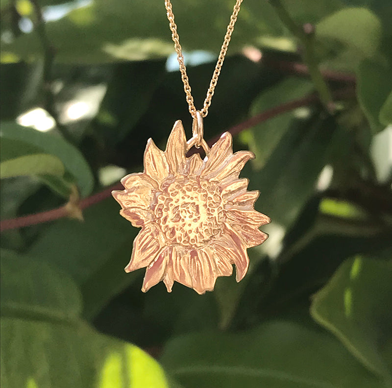 Tiny Sunflower Necklace in 18K gold by Garden of Silver in Westhampton Beach, Hamptons, Long Island, New York. www.gardenofsilver.com