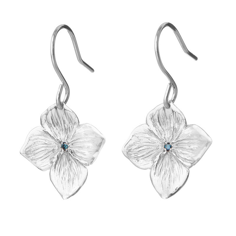 Baby Blue Hydrangea Earrings handmade in sterling silver with blue diamonds by Garden of Silver