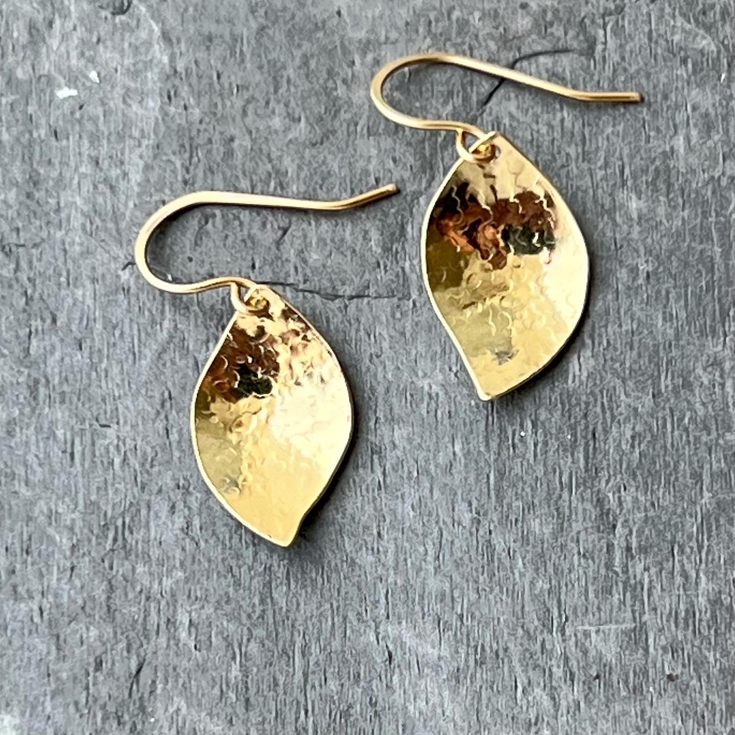 14K gold flower petal earrings handmade by Garden of Silver in Westhampton Beach. www.gardenofsilver.com