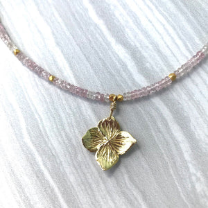Pink Sapphire Hamptons Hydrangea Gold Necklace handmade in the Hamptons by Garden of Silver in Westhampton Beach, NY www.gardenofsilver.com