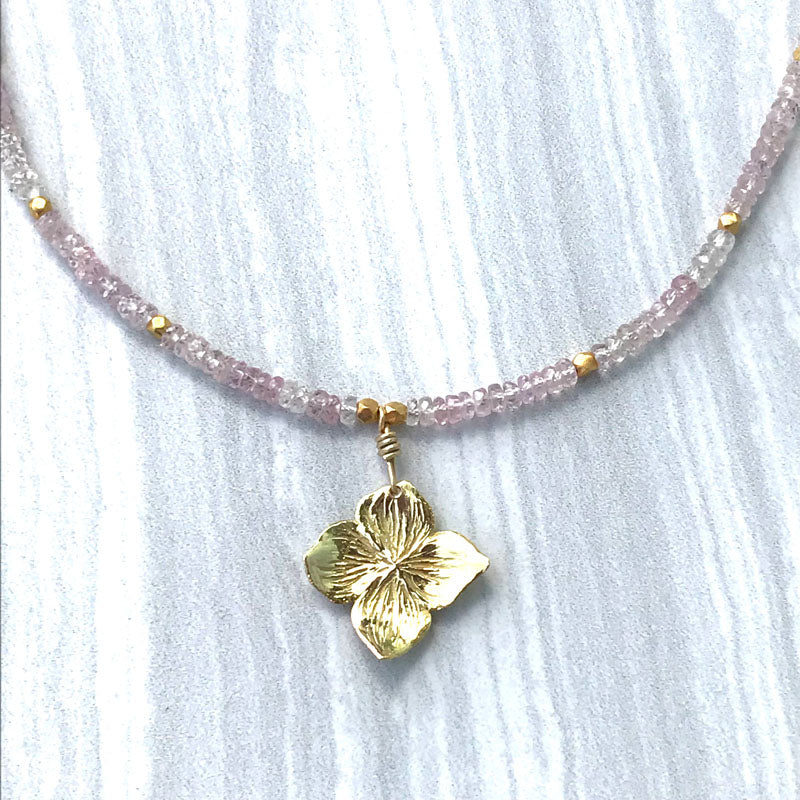 Pink Sapphire Hamptons Hydrangea Gold Necklace handmade in the Hamptons by Garden of Silver in Westhampton Beach, NY www.gardenofsilver.com
