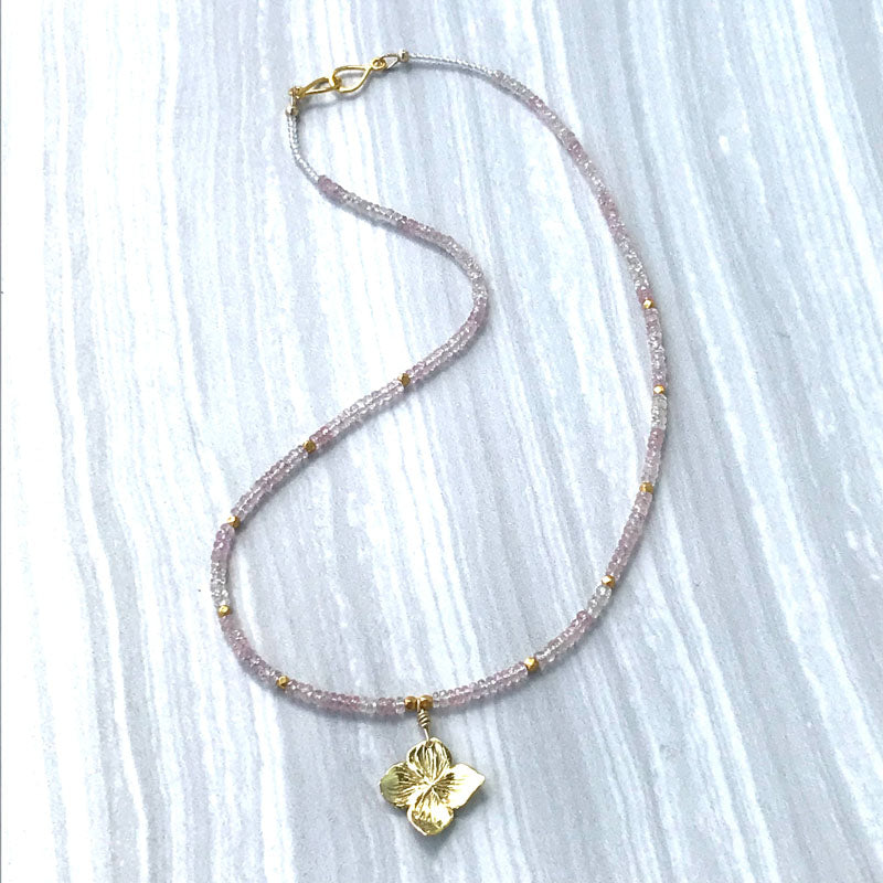 Pink Sapphire Hamptons Hydrangea Gold Necklace handmade in the Hamptons by Garden of Silver in Westhampton Beach, NY www.gardenofsilver.com