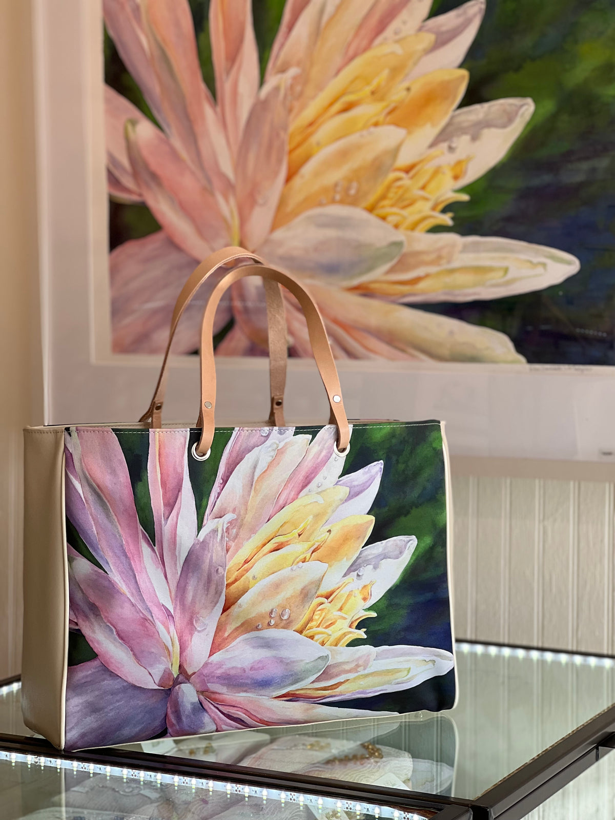 Custom nappa leather and satin handbag with the watercolor artwork by Eileen Baumeister McIntyre at Garden of Silver in Westhampton Beach, NY 