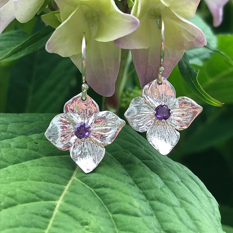 Amethyst Hydrangea Sterling Silver Earrings by Garden of Silver in Westhampton Beach. www.gardenofsilver.com