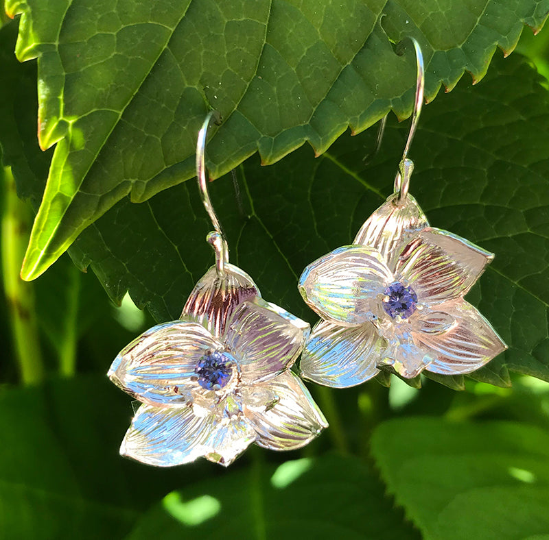 Tanzanite Orchid earrings handmade by Garden of Silver in East Hampton, New York