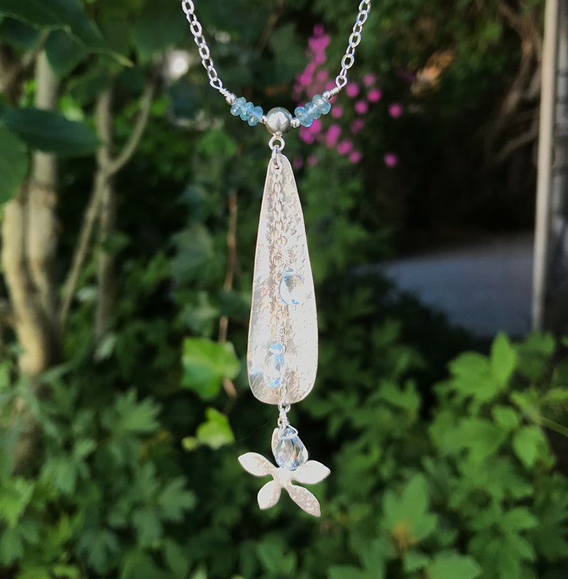 Heavenly Jasmine necklace handmade by Garden of Silver in sterling silver, blue topaz and blue zircon gemstones.