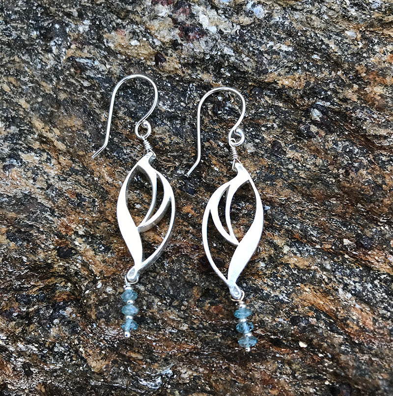Surf's Up Earrings handmade in sterling silver and blue zircon gemstones by Garden of Silver.
